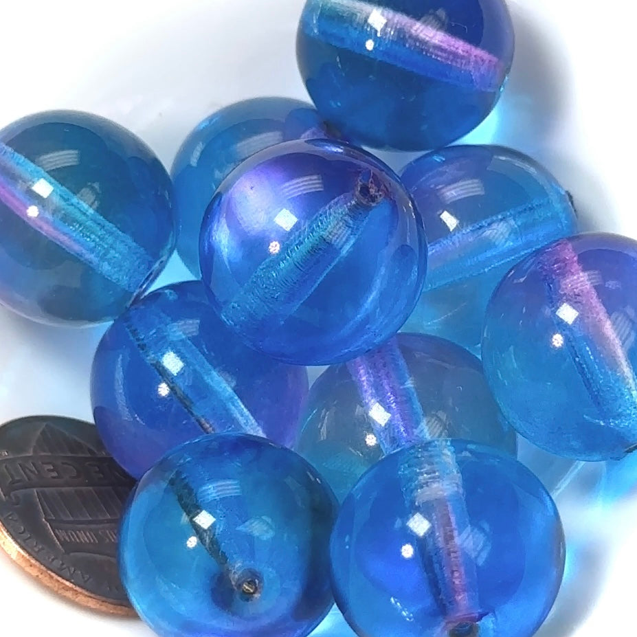 Czech Pressed Druk Round Smooth Glass Beads 16mm Crystal 2tone Coated Blue and Fuchsia Purple 10 pieces CL278