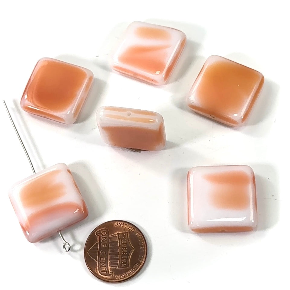 Czech Pressed Druk Smooth Square Tile Glass Beads 20x20mm Pink White Marble Finish 6pcs CL346