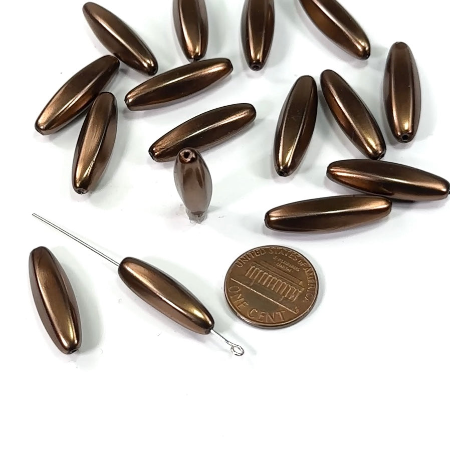 Czech Fancy Elongated Olive Glass Pearls 25x7mm Dark Brown color 15 pieces CL507