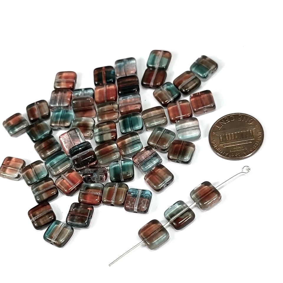 Czech Pressed Druk Flat Square Glass Beads 8x8mm Crystal Blue and Burgundy Red coated 50pcs CL528