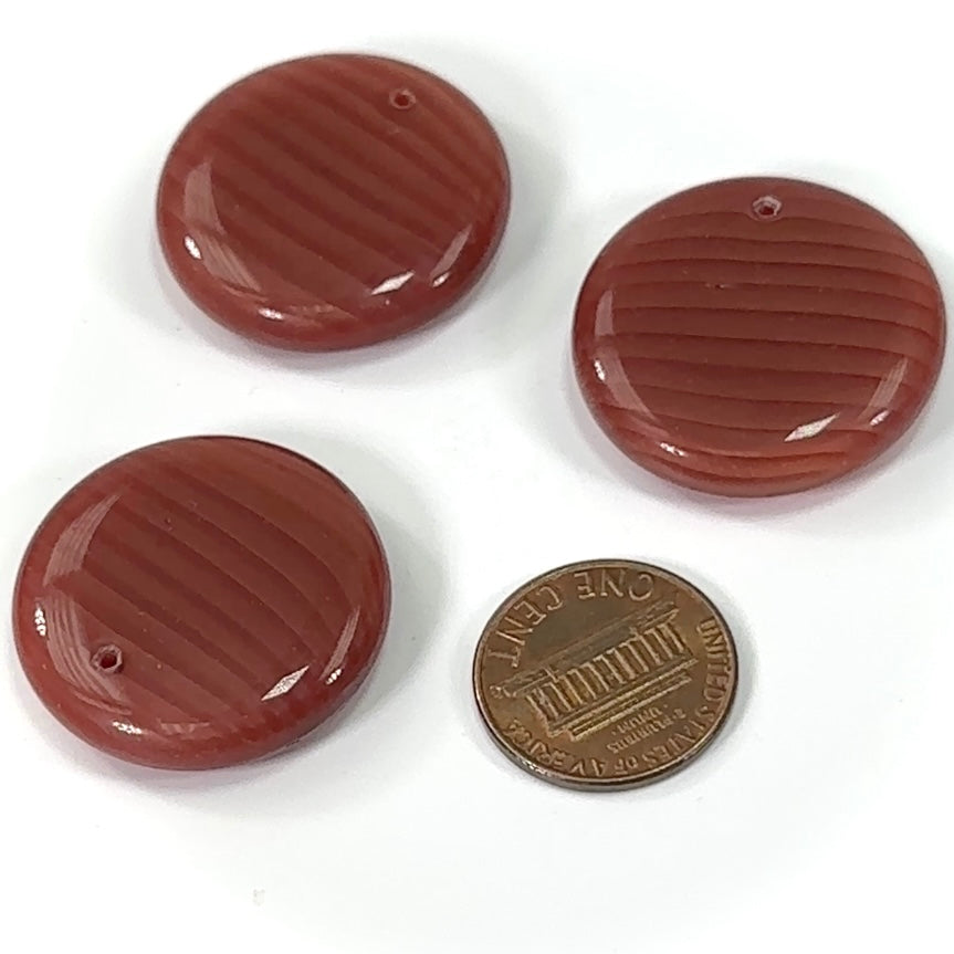 Czech Glass Smooth Large Round Disc Pendants 28x7mm Brown Stripes Satin 3 pieces CL540