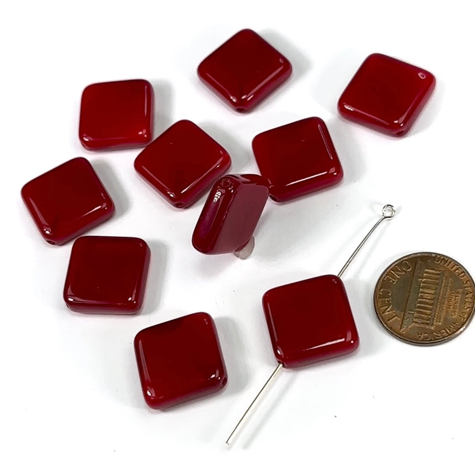 Czech Pressed Druk Flat Square Diagonally Drilled Glass Beads 16mm 2-tone Dark Red 10pcs CL695