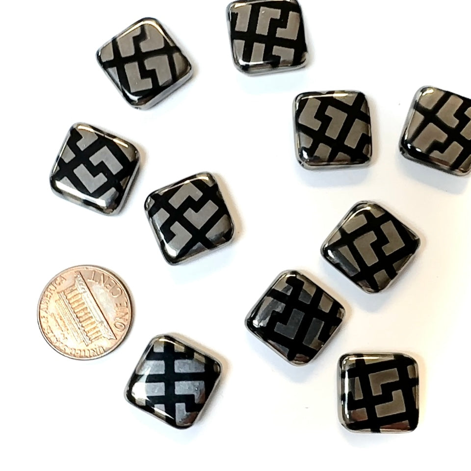 Czech Pressed Druk Flat Square Diagonally Drilled Glass Beads Black with Silver Metallic Prints 20mm 10pcs CL717