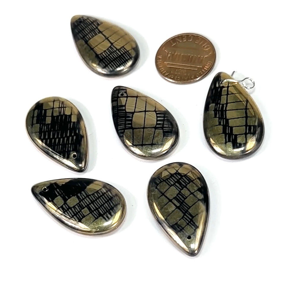 Czech Pressed Druk Top Drilled Flat Drop Glass Pendants 30x17mm Black with Gold Metallic Prints 6pcs CL721