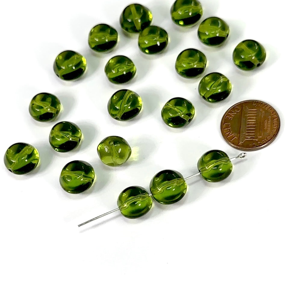 Czech Pressed Druk Flattened Round Glass Beads Olivine Green 10x8mm 20pcs CL738