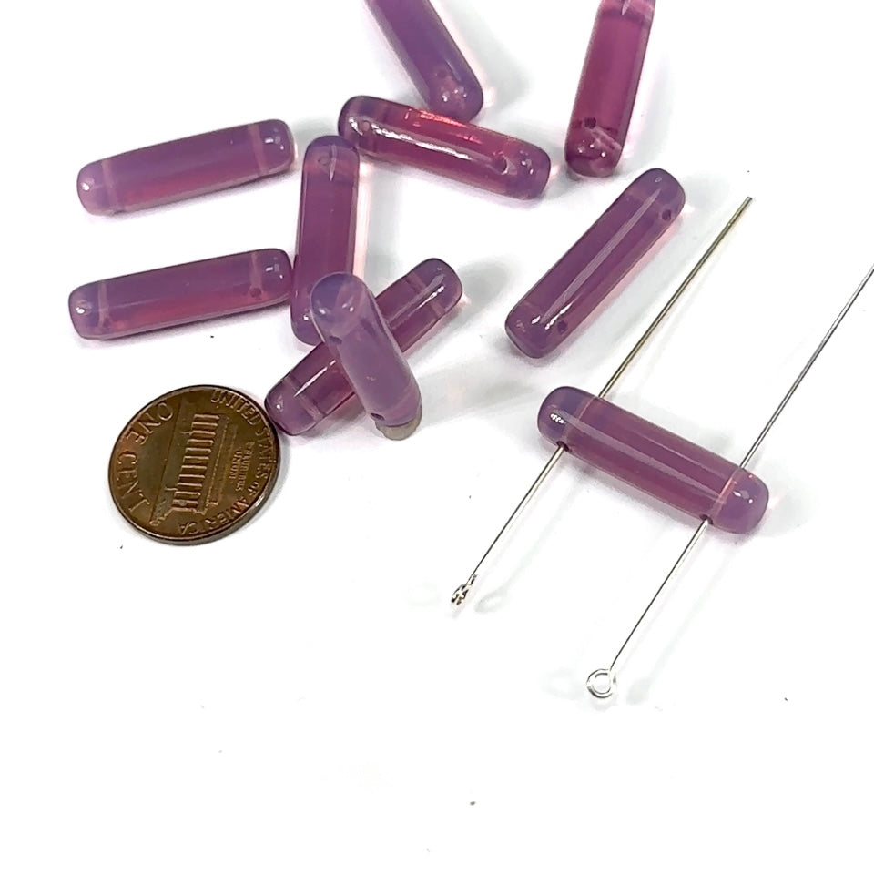 Czech Pressed Druk Tube 2-hole Glass Beads 25x6mm Amethyst Opal 10pcs CL747