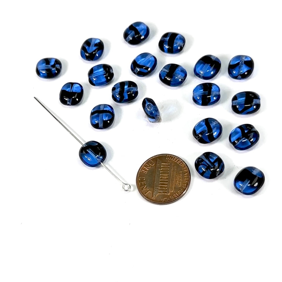 Czech Pressed Druk Beveled Rectangle Glass Beads 10x9mm Sapphire Blue with Black Stripes 20pcs CL753