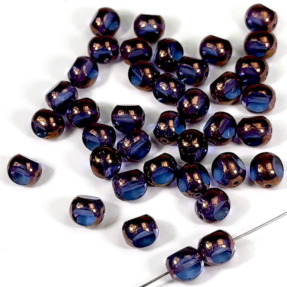 Czech Glass 3-Cut Round Window Beads (Soccer Ball Bead) Art. 151-19501 in size 10mm Tanzanite Bronze coated 25pcs CL765