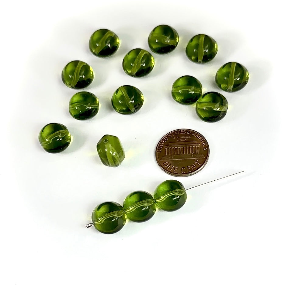 Czech Pressed Druk Round Flattened Glass Beads 10mm Green Olive 15pcs CL768