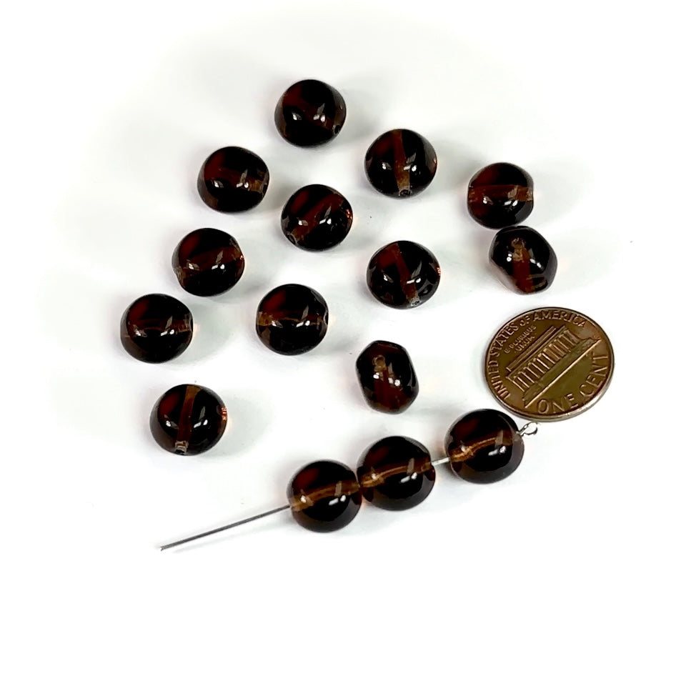 Czech Pressed Druk Round Flattened Glass Beads 10mm Smoked Topaz Brown 15pcs CL772