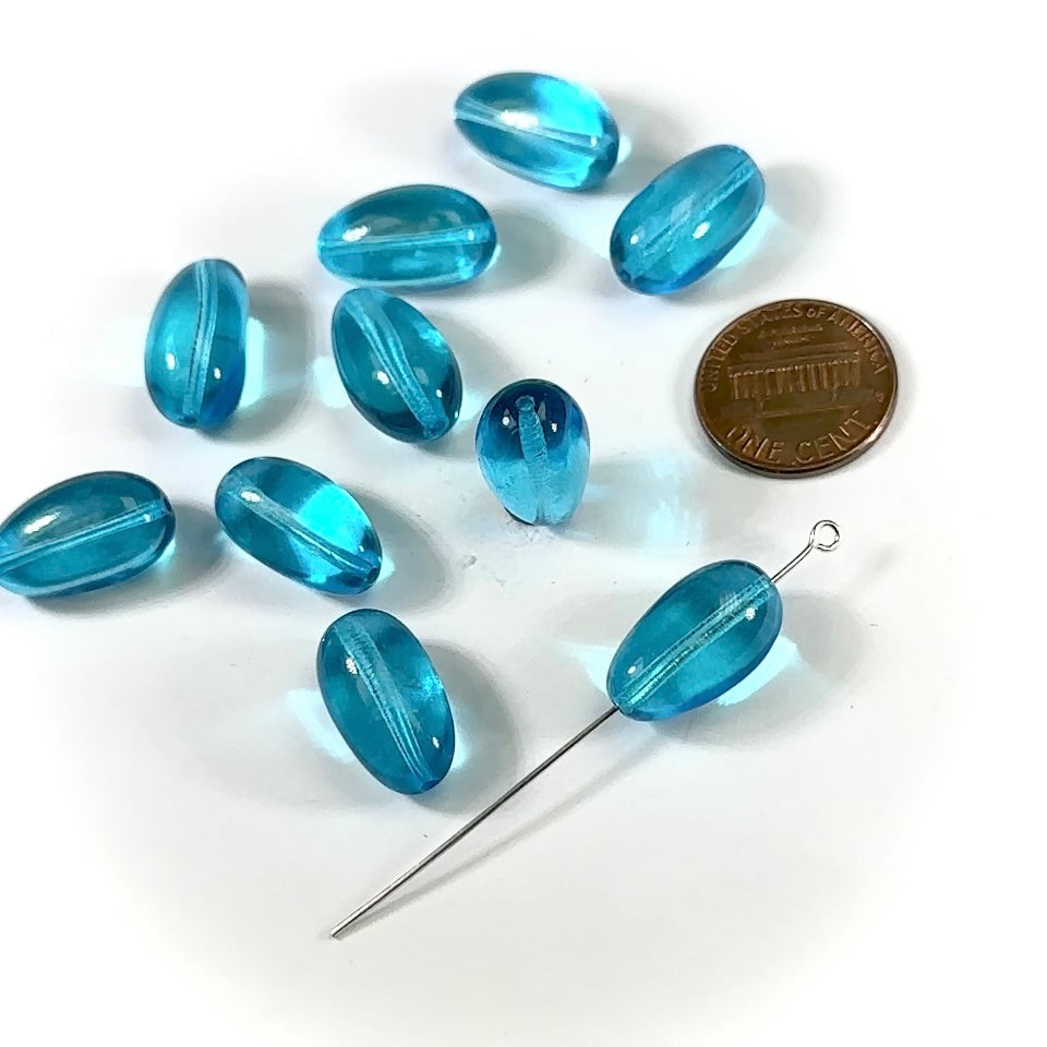 Czech Glass Long Olive Shaped Beads 22x10mm Aqua blue 10 pieces CL802