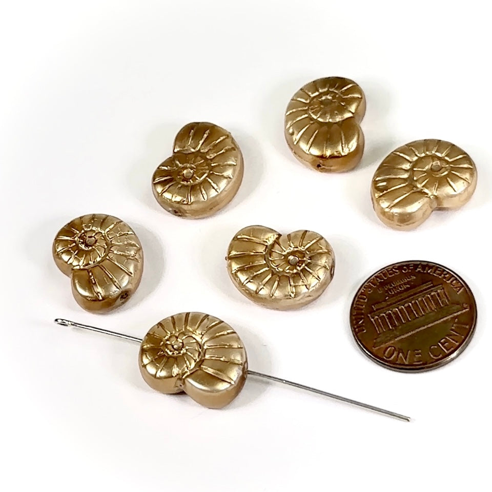 Czech Pressed Druk Snail Shell Shaped Glass Beads 17x13mm Gold Pearl 6 pieces CL803