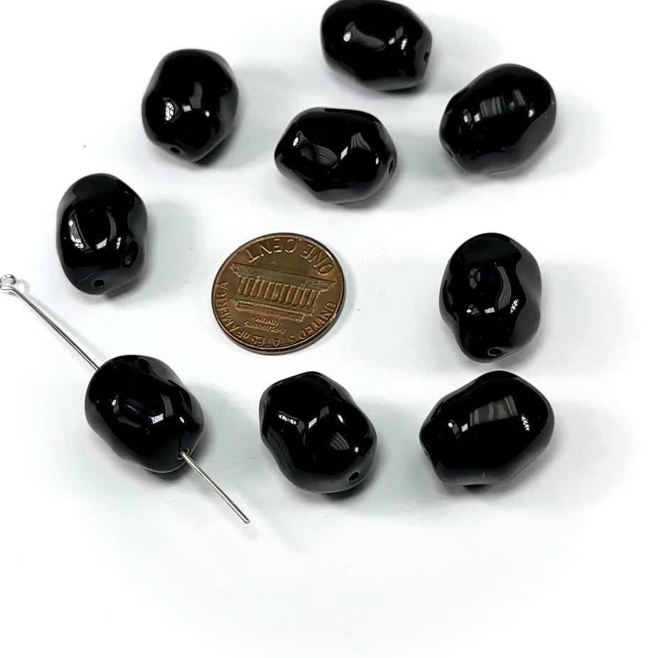 Czech Pressed Druk Irregular Olive Glass Beads 17x13mm Jet Black 10pcs CL828