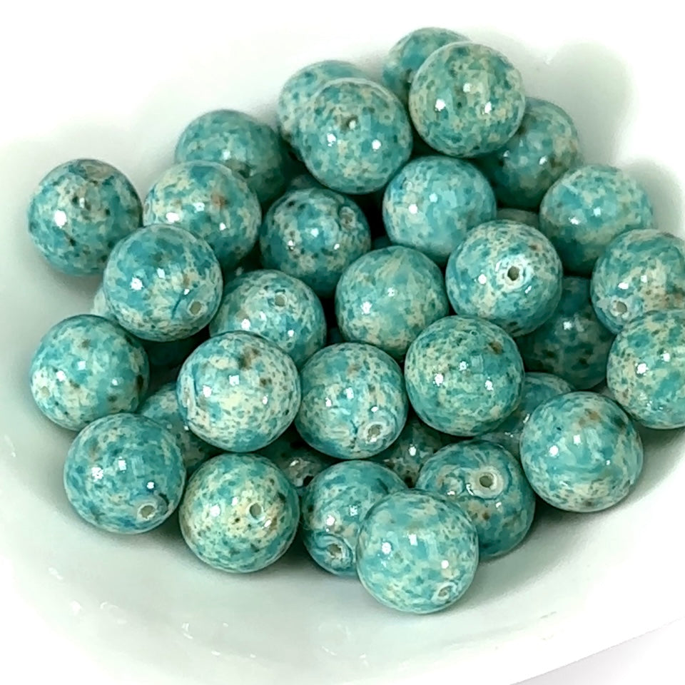 Czech Pressed Druk Round Smooth Glass Beads Crystal Green Turquoise Speckled 10mm 12mm 14mm