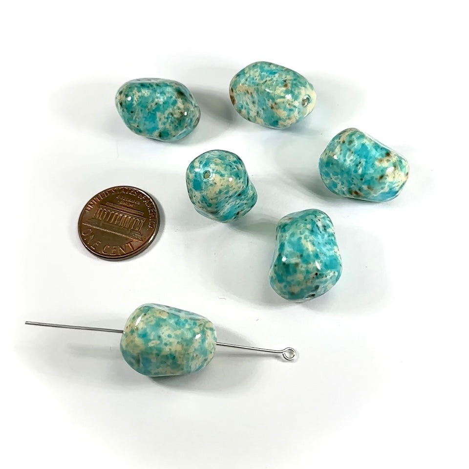 Czech Glass Chunky Fancy Beads 20x14mm Turquoise Speckled 6 pieces CL834