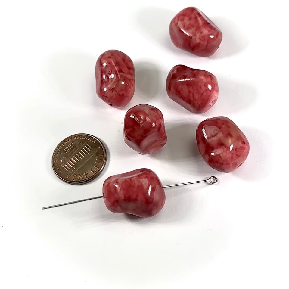 Czech Glass Chunky Fancy Beads 20x14mm Red Speckled 6 pieces CL838