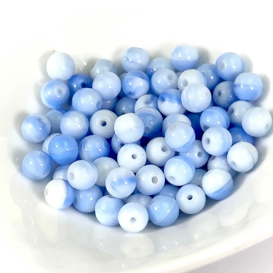 Czech Pressed Druk Round Smooth Glass Beads 6mm Blue and ChalkWhite 80 pieces CL854