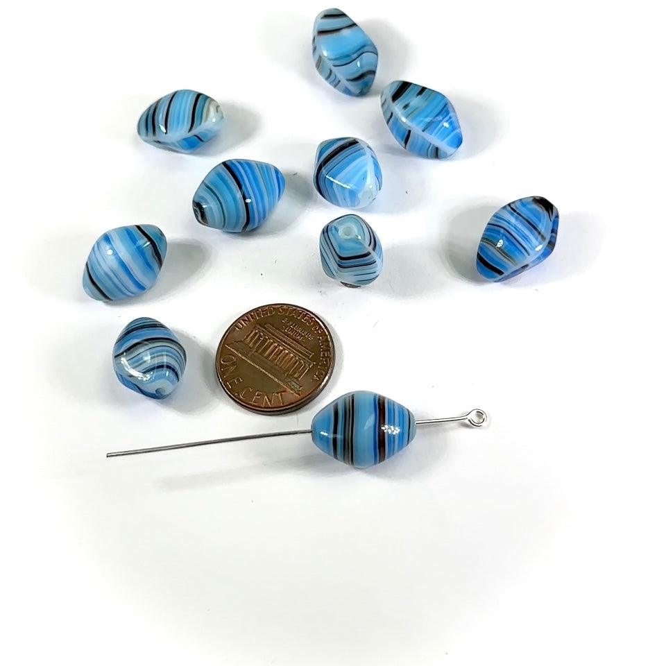 Czech Glass Fancy Shaped Beads 15x12mm White with Blue Marble Stripes 10 pieces CL879