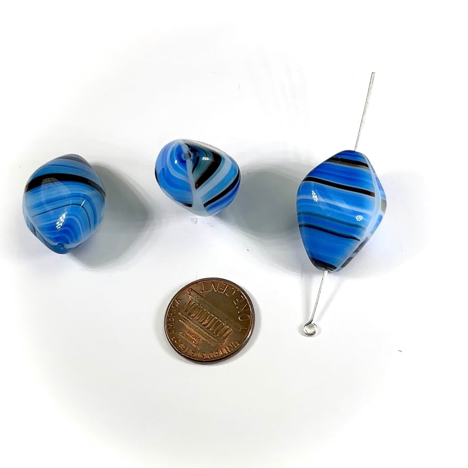 Czech Glass Fancy Shaped Beads 25x18mm White with Blue Marble Stripes 3 pieces CL881