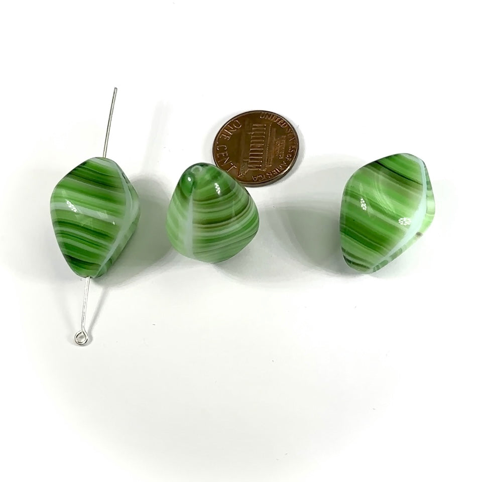 Czech Glass Fancy Shaped Beads 25x18mm White with Green Marble Stripes 3 pieces CL882