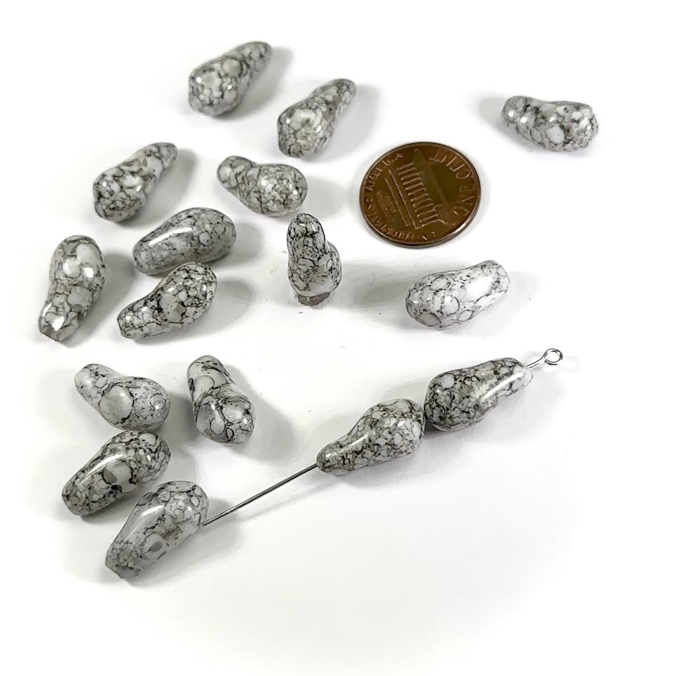 Czech Glass Fancy Beads 17x8mm Light Grey Marble 16 pieces CL891