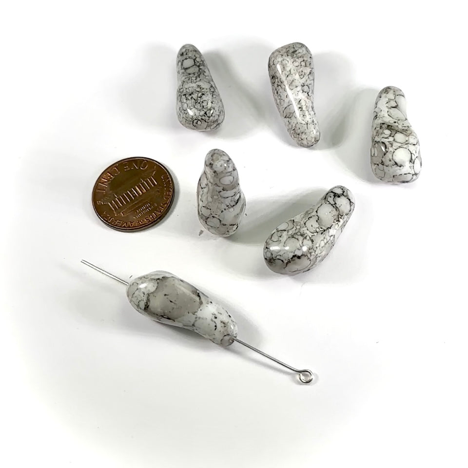 Czech Glass Fancy Beads 25x12mm Light Grey Marble 6 pieces CL892