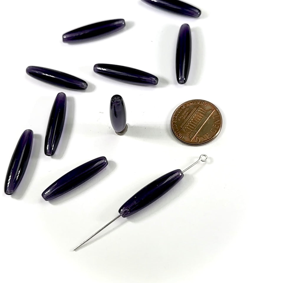 Czech Glass Long Olive Shaped Beads 26x6mm Dark Purple 10 pieces CL894