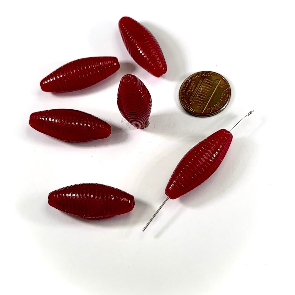 Czech Glass Fancy Olive Shaped Beads 30x11mm Red 6 pieces CL896