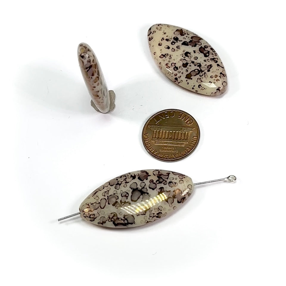 Czech Glass Smooth Large Navette Shaped Beads 35x18mm Beige Opal with Coated Bronze Marble 3 pieces CL898