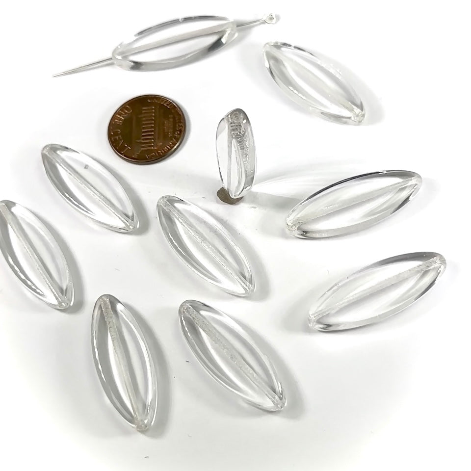 Czech Glass Druk Smooth Spindle Navette Beads 32x12mm clear Crystal 10 pieces CL901