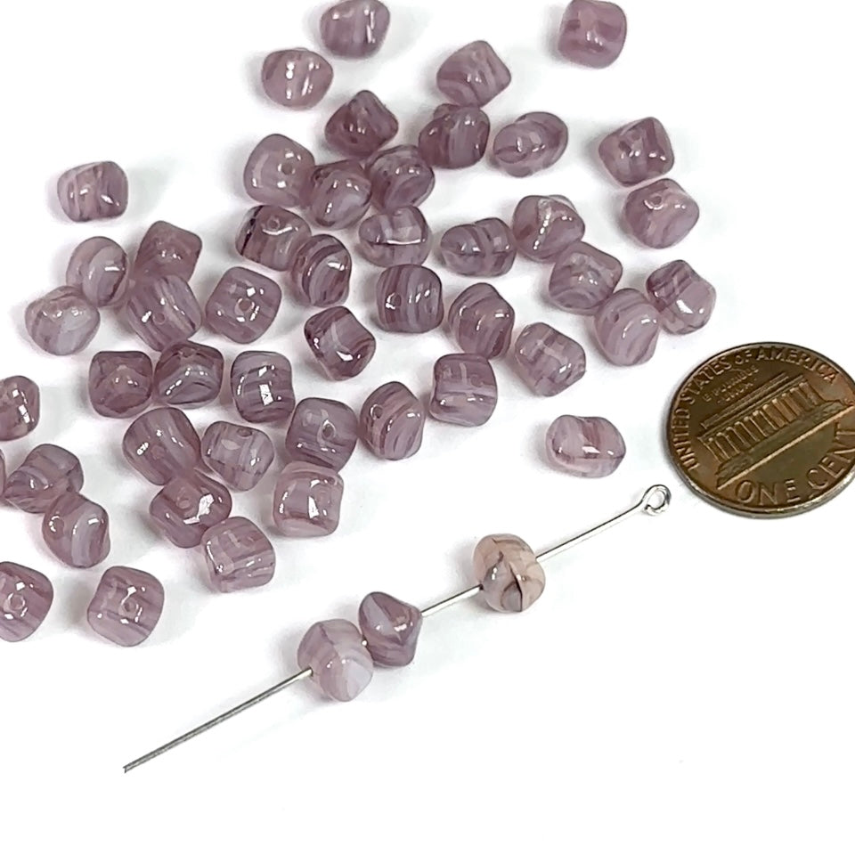 Czech Pressed Druk Center Drilled Irregular Glass Fancy Beads 2-tone Purple Striped Opal 6x7mm 50pcs CL903