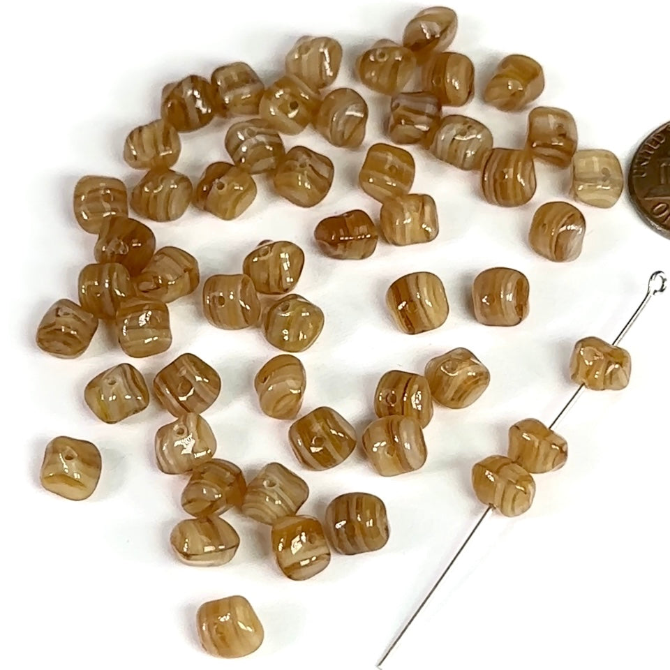 Czech Pressed Druk Center Drilled Irregular Glass Fancy Beads 2-tone Beige Striped Opal 6x7mm 50pcs CL905