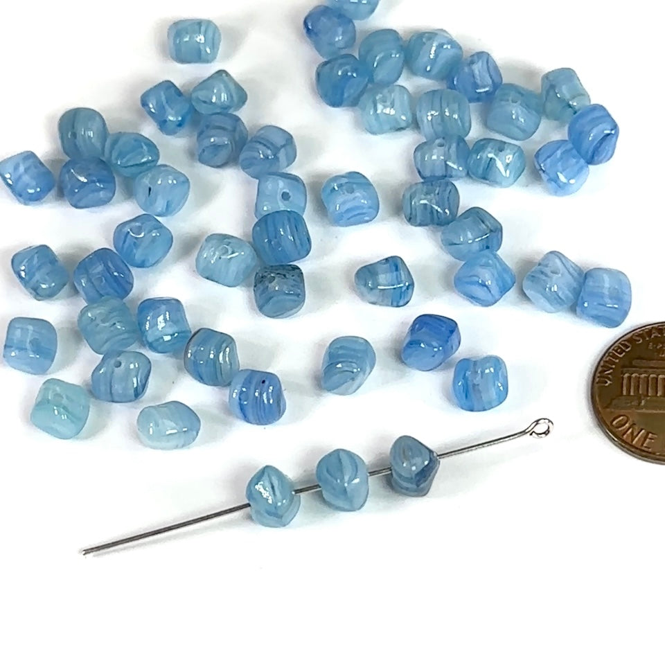 Czech Pressed Druk Center Drilled Irregular Glass Fancy Beads 2-tone Blue Striped Opal 6x7mm 50pcs CL906