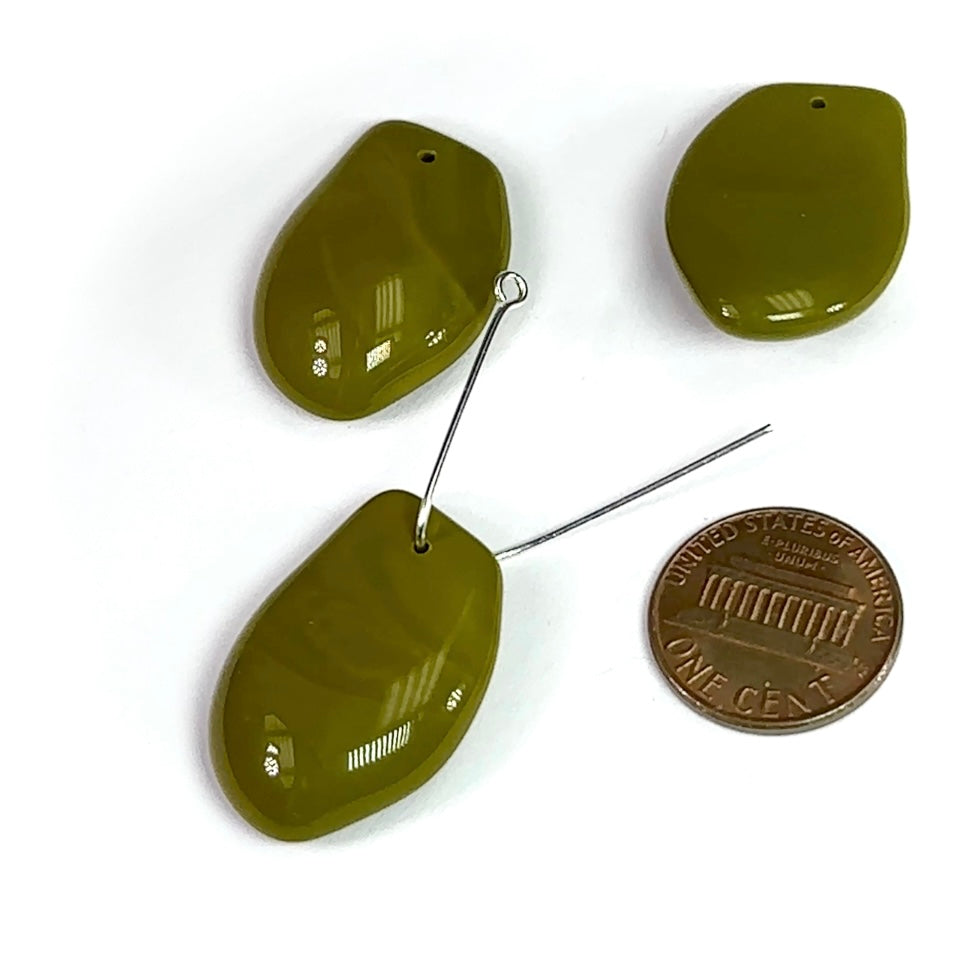 Czech Pressed Druk Glass Chunky Top Drilled Fancy Pendants 29x19mm Green Opaque Olivine 3 pieces CL909