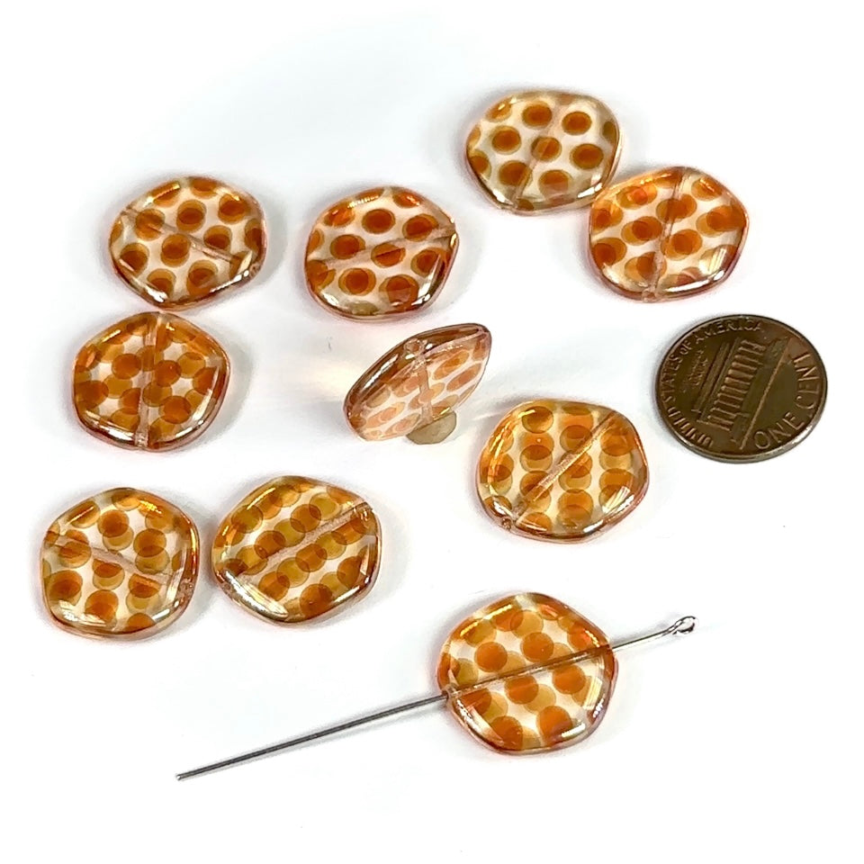 Czech Pressed Druk Glass Discs Beads Apricot Orange with Small Round Peacock Eye Dots 18mm 10pcs CL922