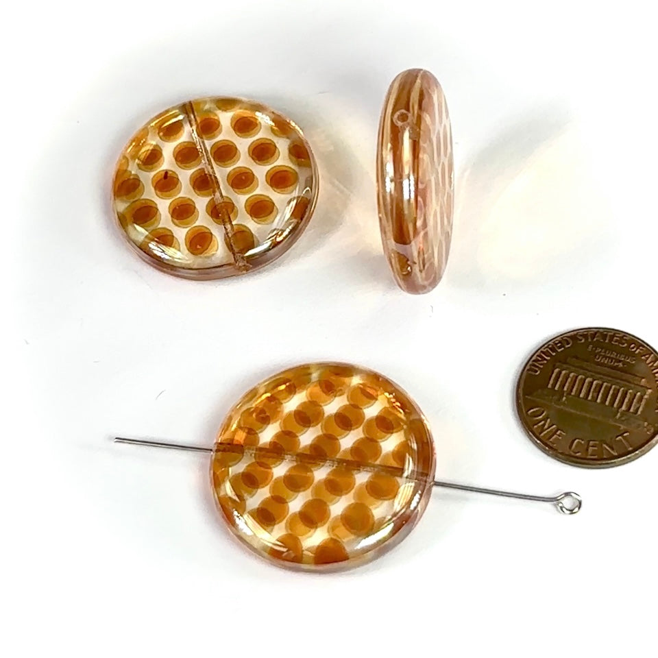 Czech Pressed Druk Glass Discs Beads Apricot Orange with Small Round Peacock Eye Dots 28mm 3pcs CL924