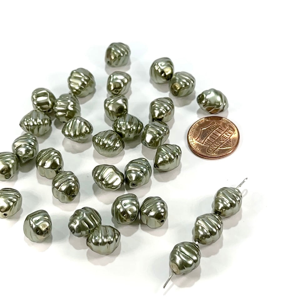 Czech Fancy Beehive Shaped Glass Pearls Dark Sage Pearl 12x11mm 30pcs CL936