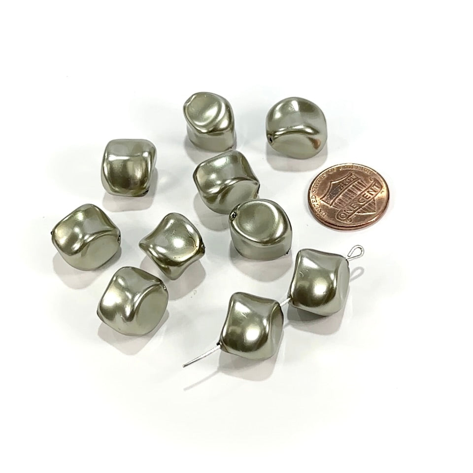 Czech Fancy Diagonal Drilled Glass Pearls Dark Sage Pearl 16x16mm 10pcs CL939