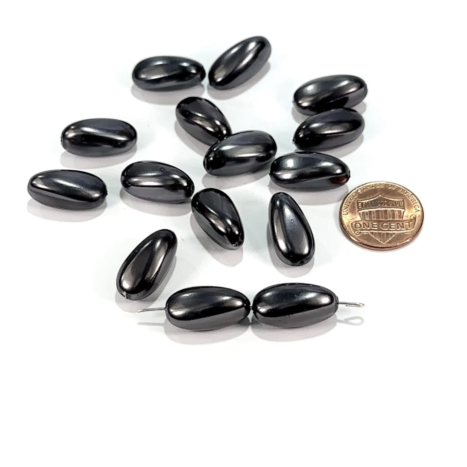 Czech Fancy Olive Glass Pearls Black Hematite Pearl 18x9mm 15pcs CL942
