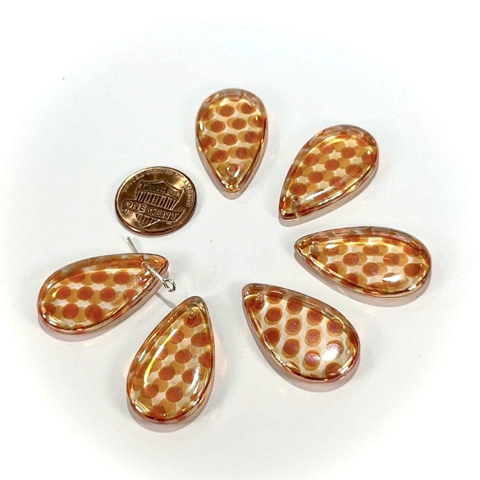 Czech Pressed Druk Top Drilled Flat Drop Glass Pendants 30x17mm Apricot Orange with Special Dot Coating 6pcs CL948
