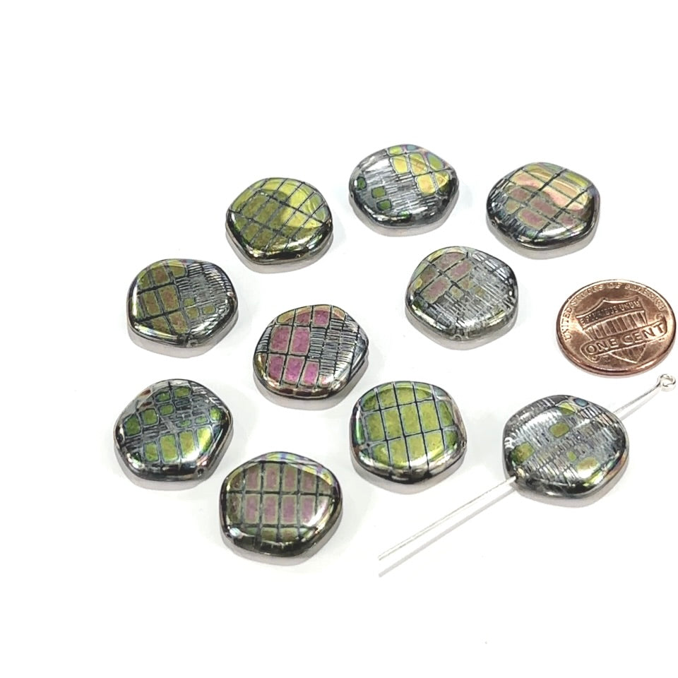 Czech Glass Smooth Hexagon Beads 19mm Crystal Marea with Metallic Prints 10 pcs CL953