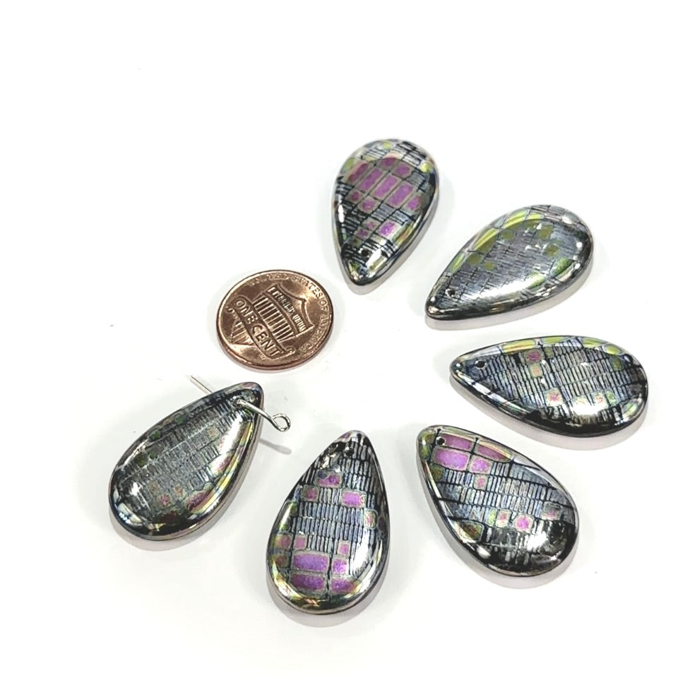 Czech Pressed Druk Top Drilled Flat Drop Glass Pendants 30x17mm Crystal with Special Marea Metallic Coating 6pcs CL954