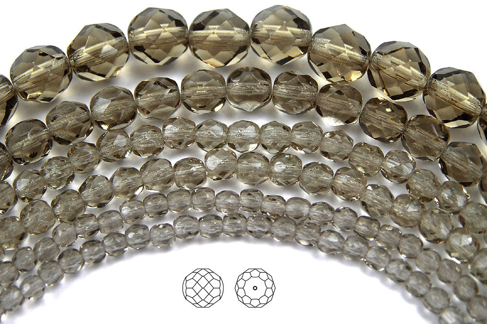 Black Diamond Czech Fire Polished Round Faceted Glass Beads 16 inch strands or loose grey