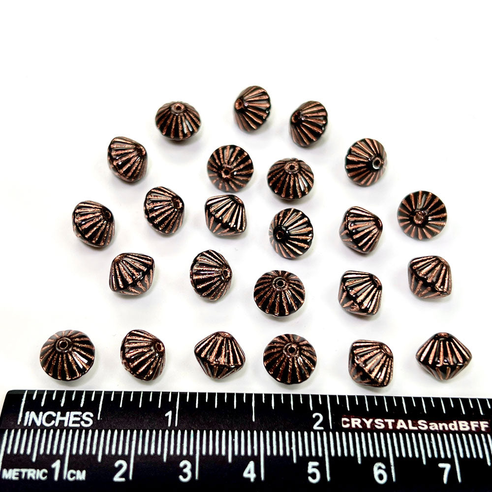 Czech Glass Druk Beads in size 9mm Fancy Bicones Jet black Copper Painted 50pcs J100