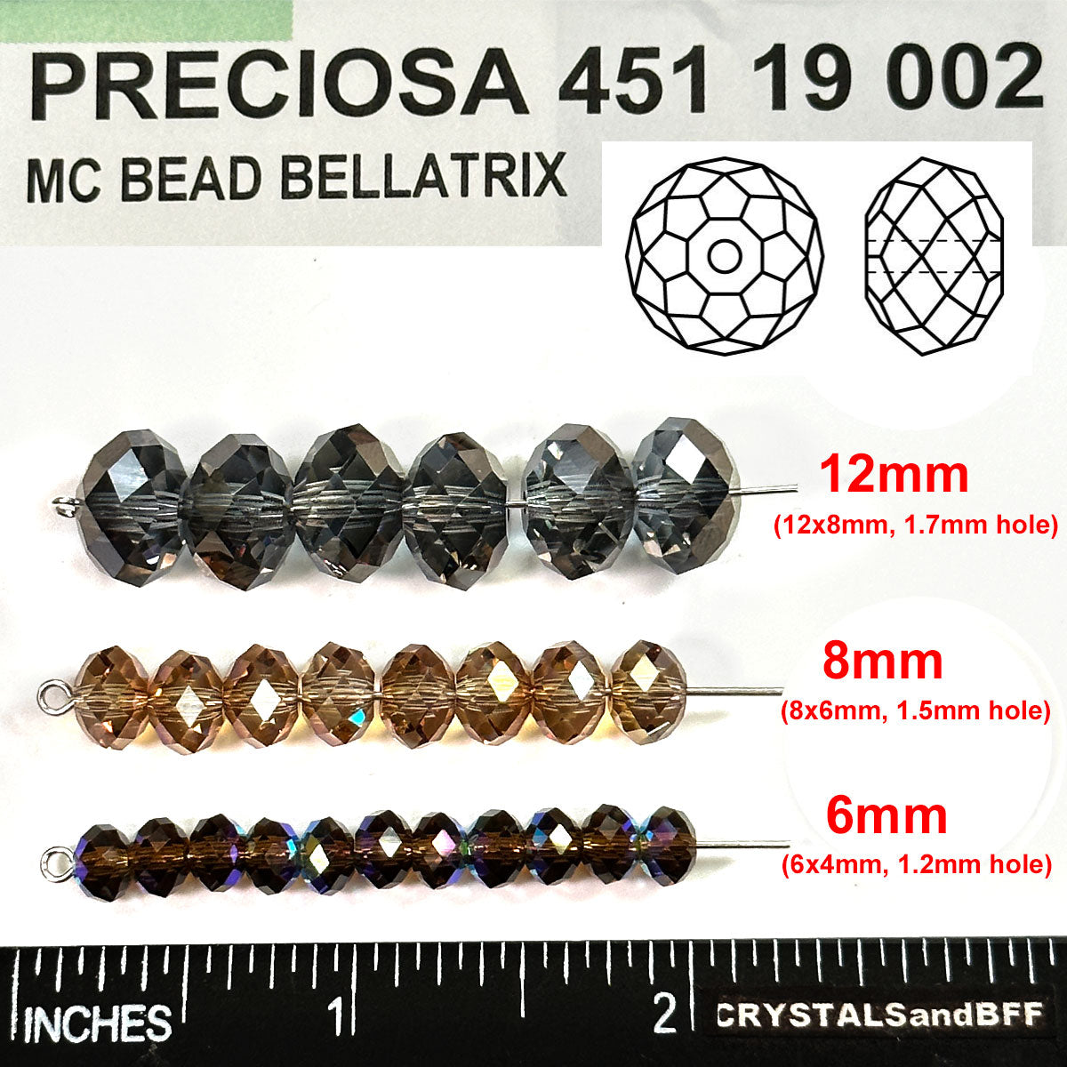 Smoked Topaz AB coated, Czech Machine Cut Bellatrix Crystal Beads, Preciosa 451-19-002, 6mm, 36pcs, brown with Aurora Boreale spacer beads, #5040 Briolette cut