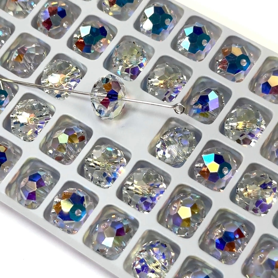 Crystal AB coated, Czech Machine Cut Bellatrix Crystal Beads, Preciosa 451-19-002, 12mm, clear and Aurora Boreale spacer beads, #5040 Briolette cut, 8pcs (J274)