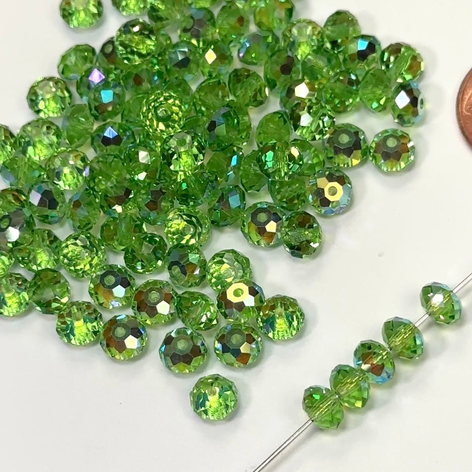 Peridot AB coated, Czech Machine Cut Bellatrix Crystal Beads, Preciosa 451-19-002, 6mm, 36pcs, light green with Aurora Boreale spacer beads, #5040 Briolette cut