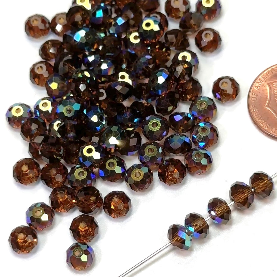 Smoked Topaz AB coated, Czech Machine Cut Bellatrix Crystal Beads, Preciosa 451-19-002, 6mm, 36pcs, brown with Aurora Boreale spacer beads, #5040 Briolette cut