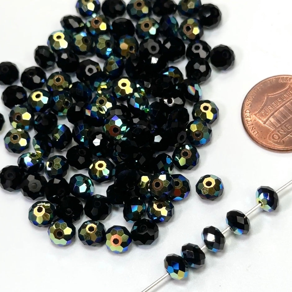 Jet AB coated, Czech Machine Cut Bellatrix Crystal Beads, Preciosa 451-19-002, 6mm, 36pcs, black with Aurora Boreale spacer beads, #5040 Briolette cut