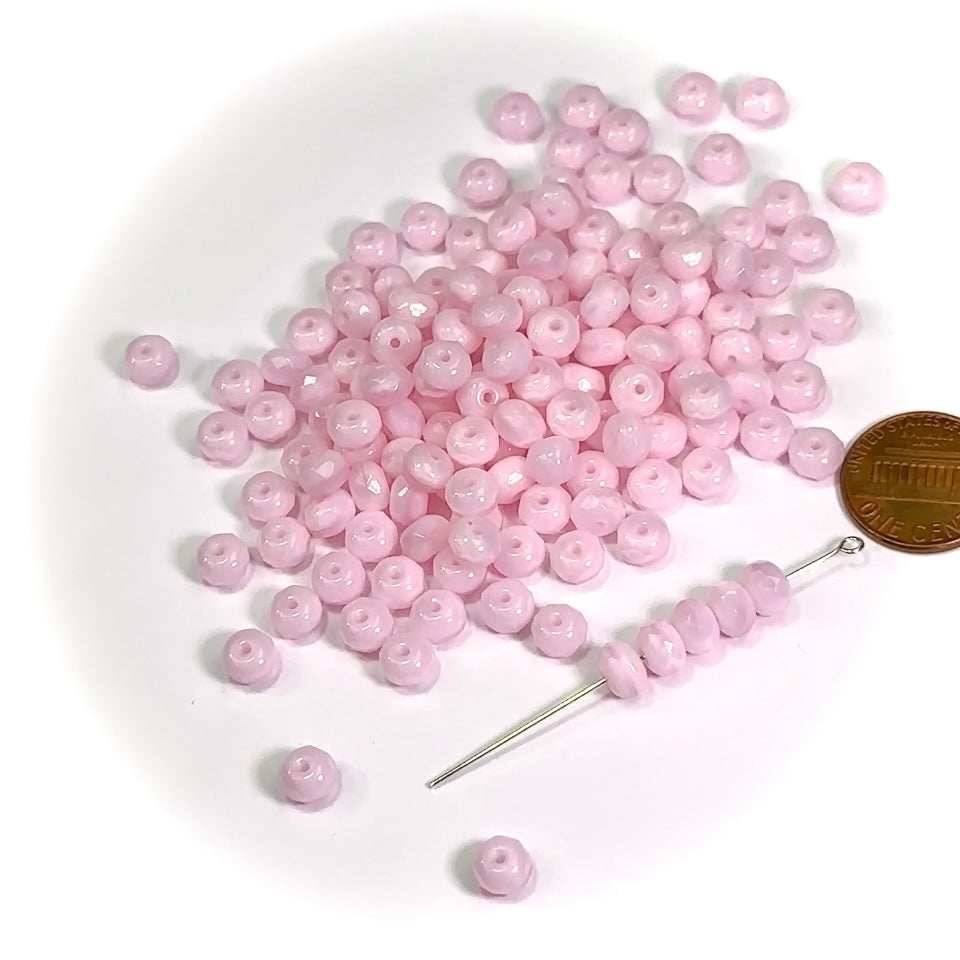 Czech Faceted Glass Doughnut Shaped Fire Polished Rondelle Spacer Beads 7mm Pink Alabaster tire/donut beads 36pcs J458